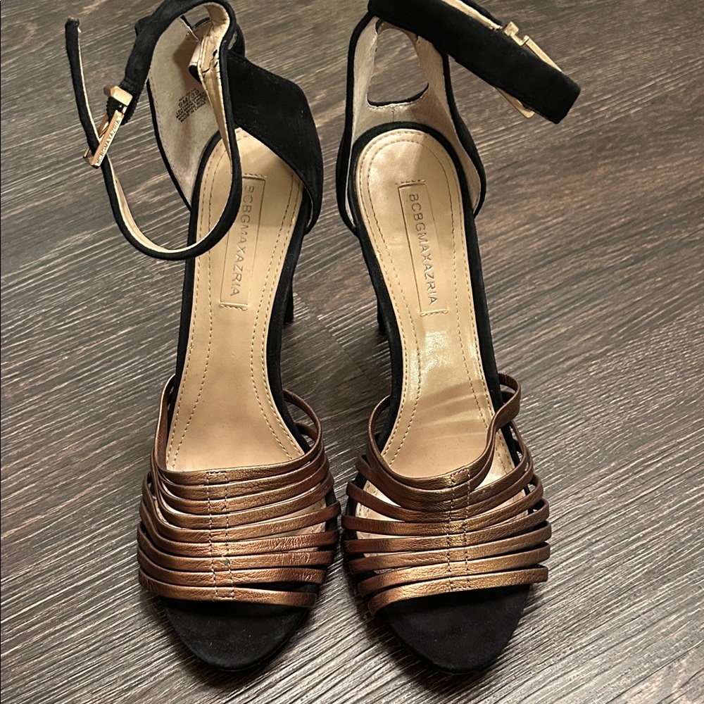 BCBG MaxAzria Black and Bronze Strappy Heels “Ma-Dena”